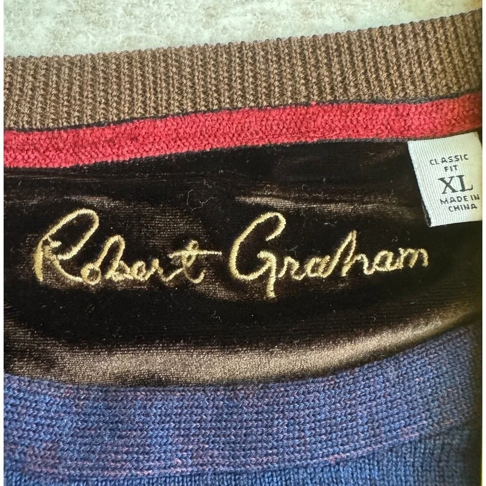 Robert Graham Sweater Men's XL Blue Crew Neck Red‎ Trim Classic Fit EUC Preppy